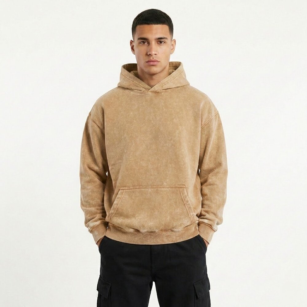 HIGH LEVEL HL Menswear Tan Stonewashed hoodie 360gsm 100% cotton plush lining